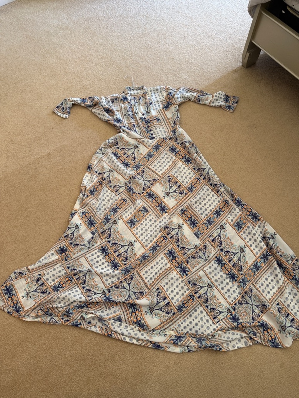 Printed Maxi Wrap Dress in Cream and Blue